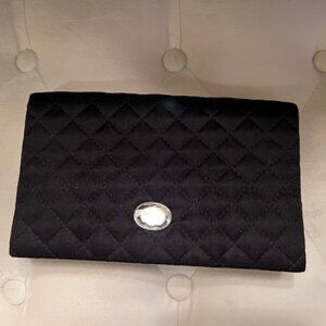 VINTAGE Evening Black Clutch Diamond Fabric Design Faux Clear Stone Silver Chain